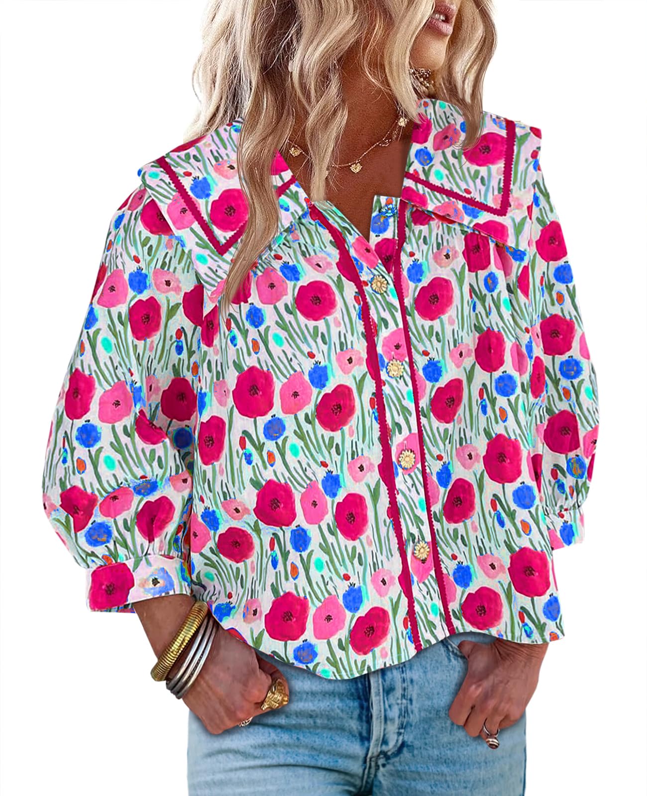 Women's Floral Collared 3/4 Lantern Sleeve Button Down Shirt