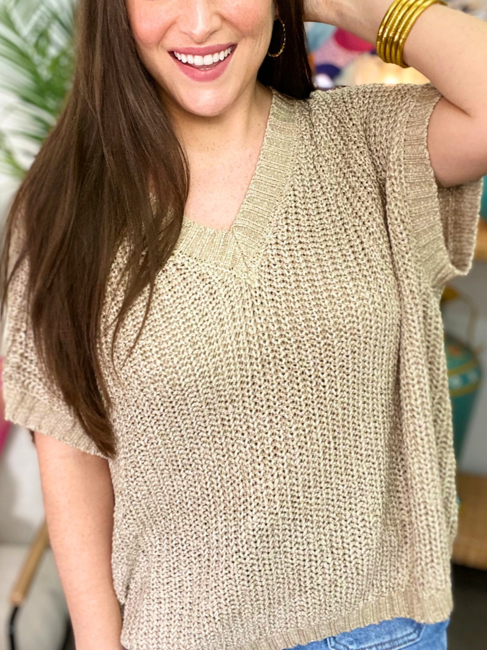 2024 Oversized Knitted V-neck Short Sleeve Top