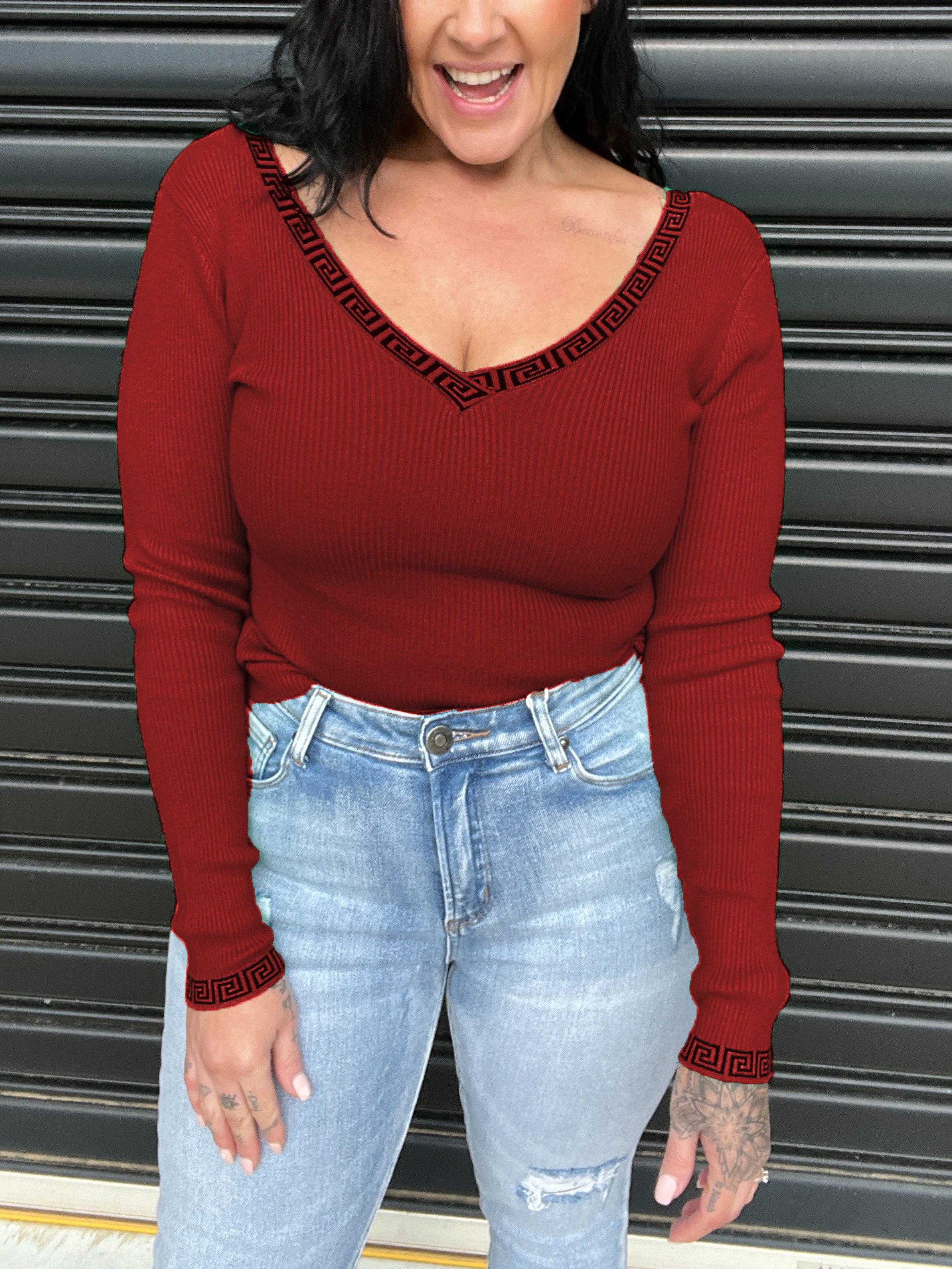 Deep V Neck Fitted Long Sleeve Geometric Trim Top