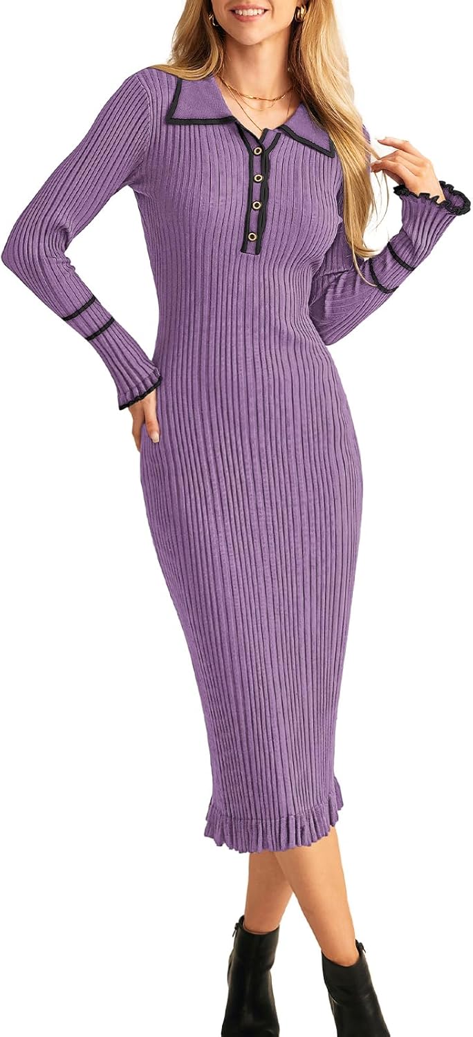 Women's Contrast Color Button Knit Fitted Long Sleeve Sweater Dress