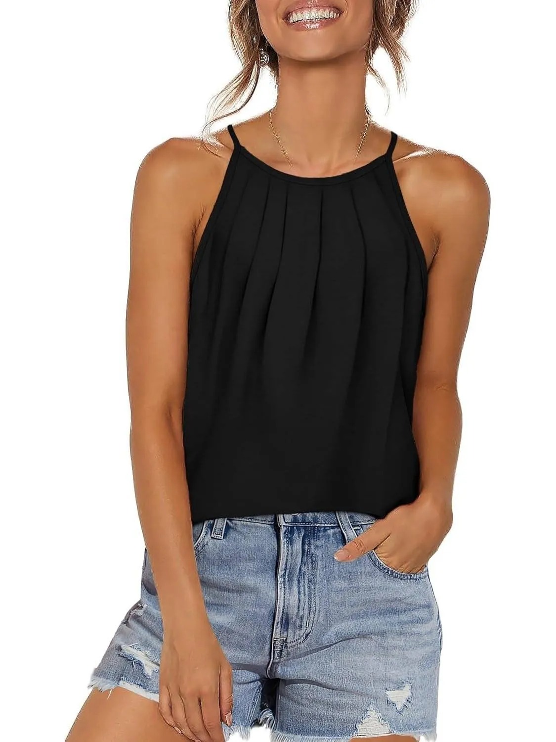 HOT SALE Women's Curved Hem Pleated Spaghetti Strap Tank Tops
