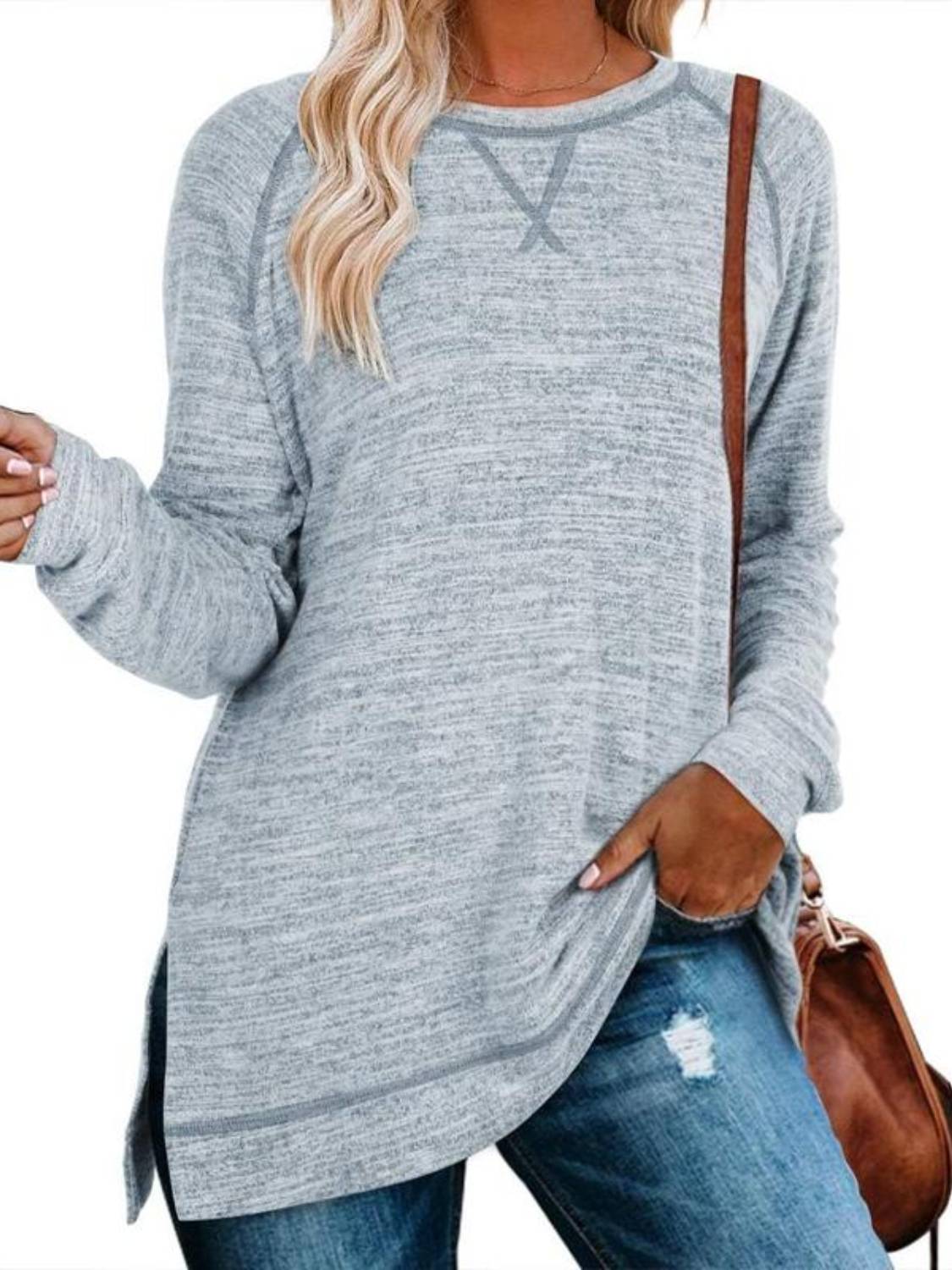 Women Fall Side slit Long Sleeve Shirts Tunic Tops
