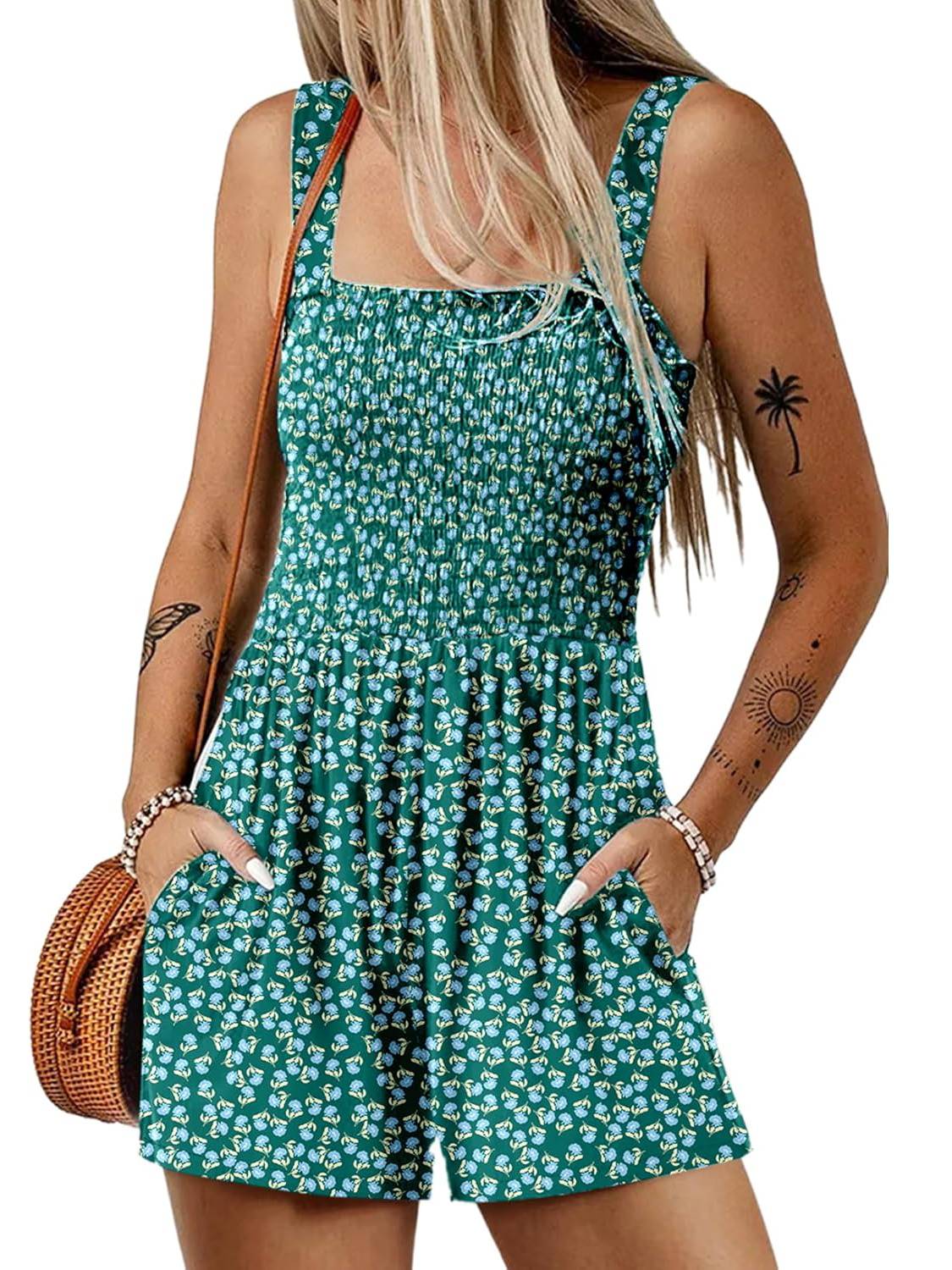 Women's Summer Square Neck Sleeveless Loose Casual Shorts Smocked Rompers