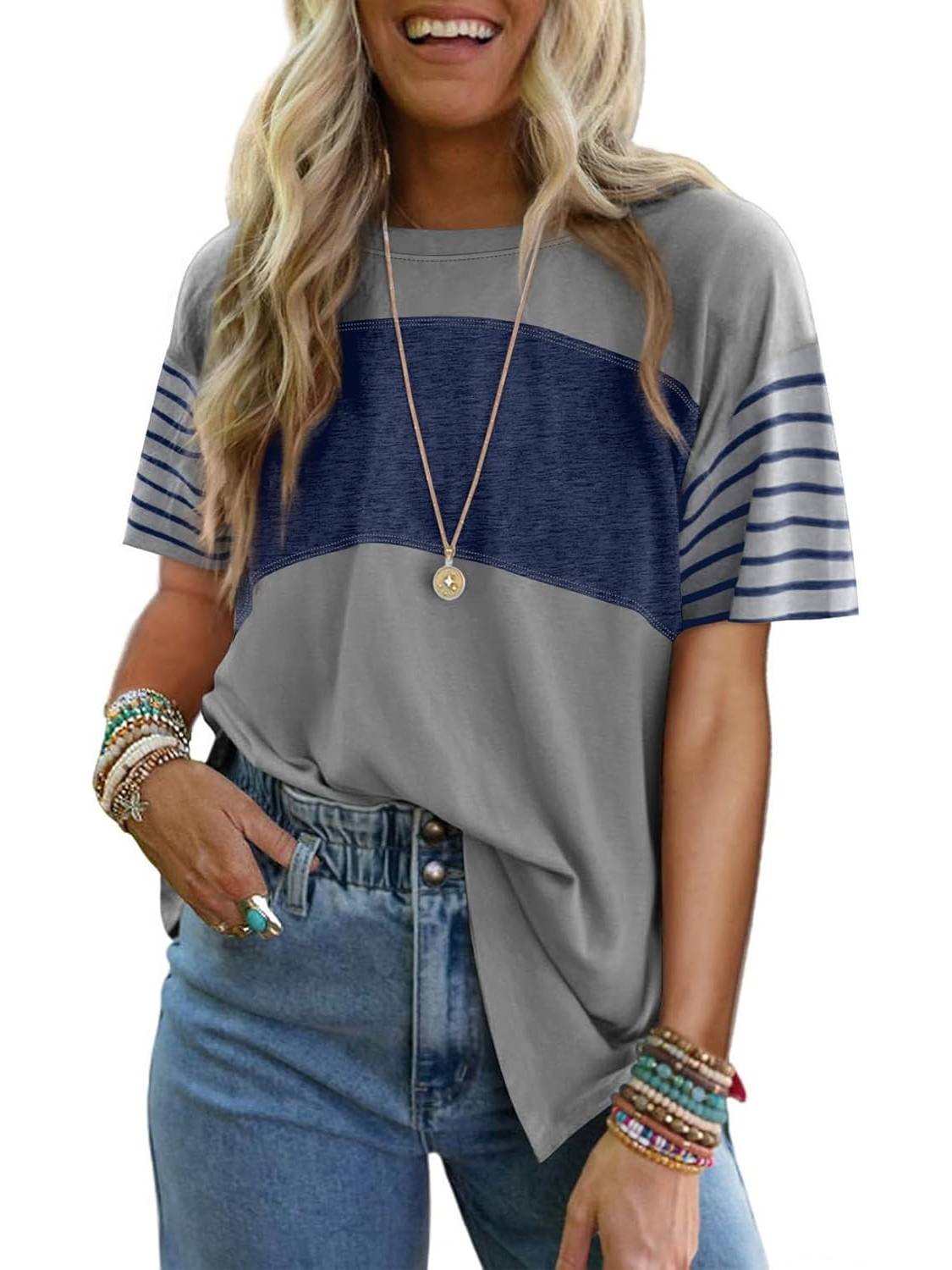 Women's Oversized Crewneck Casual Color Block Striped Shirts Blouses