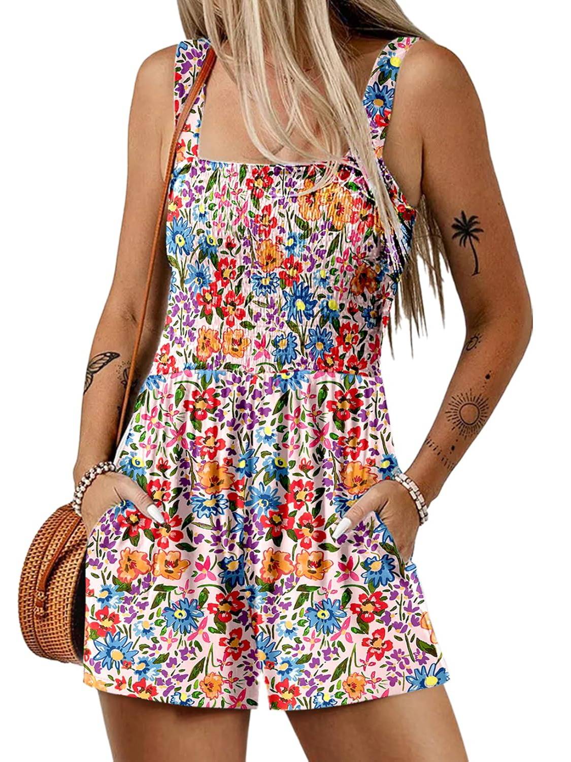 Women's Summer Square Neck Sleeveless Loose Casual Shorts Smocked Rompers