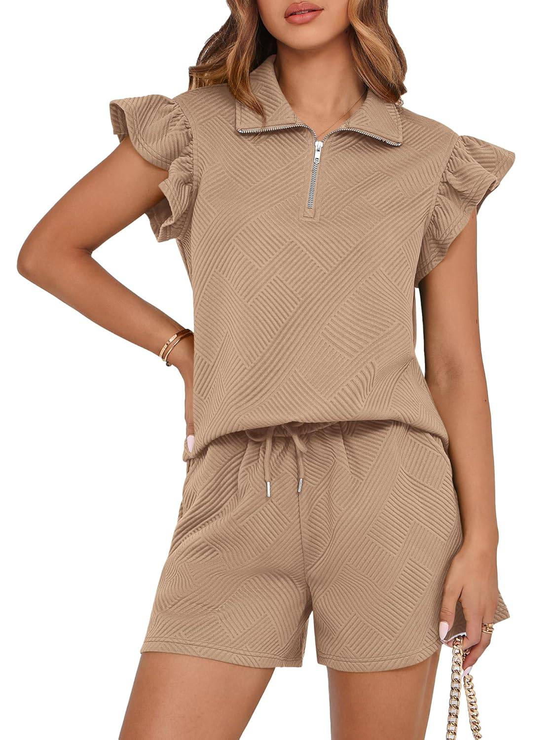 Women's Sweatsuit Zipper V Neck Ruffle Tops and Drawstring Shorts Lounge Sets