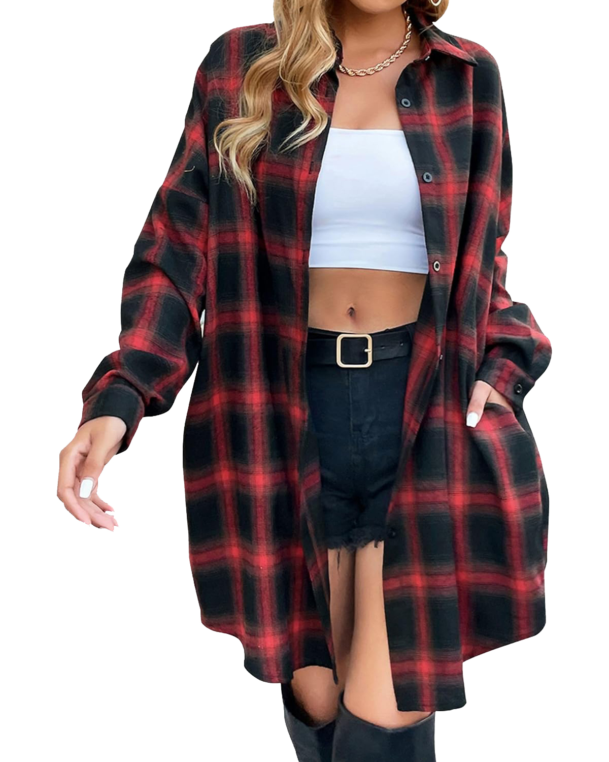 2024 Womens Long Shirts Plaid Knee Length Cardigan Lightweight Loose Button Cardigans