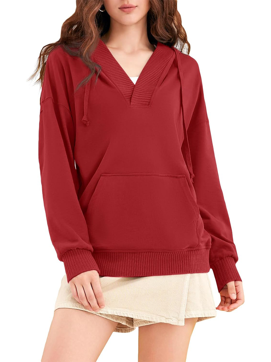 Women‘’s Casual Oversized V Neck Drawsting Hooded Sweatshirts