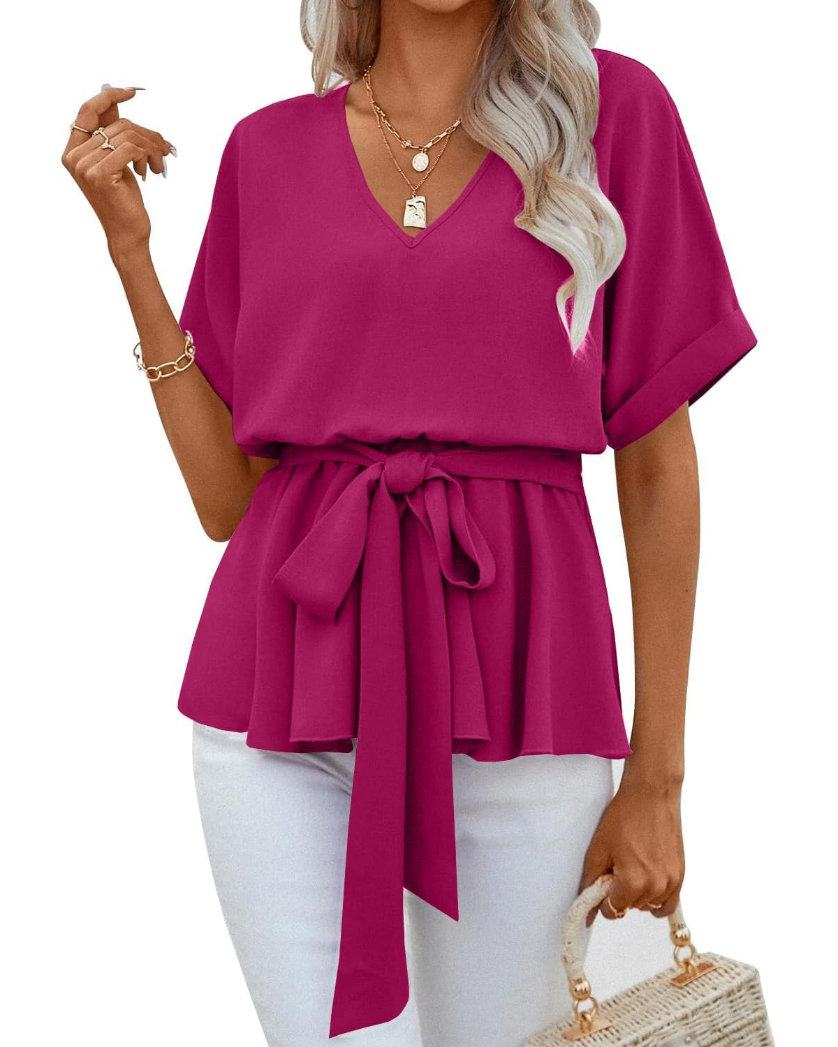 Women's V Neck Belted Ruffle Short Sleeve Blouse Casual T-Shirts