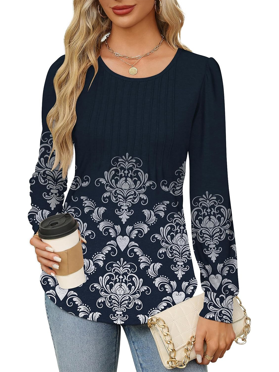 Women's Printed Long Sleeve Pleated Front Tunic Tops