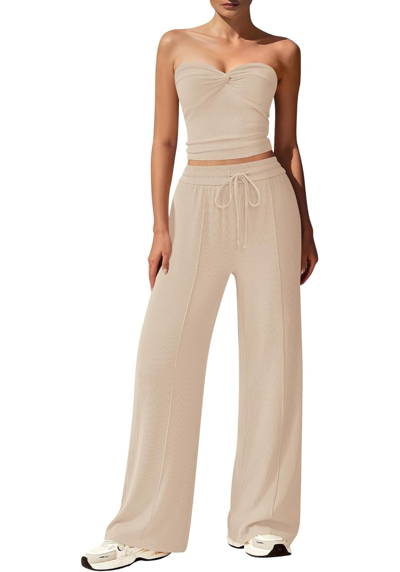 Women's Ribbed Strapless Twist Knot Tube Top Pants Set