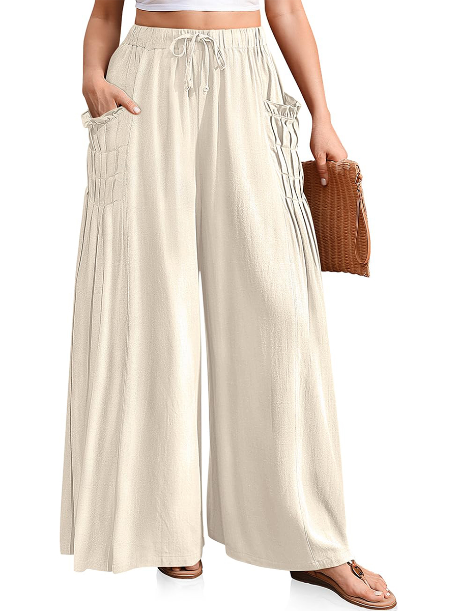 Women's Linen Pleated Drawstring Casual Palazzo Pants