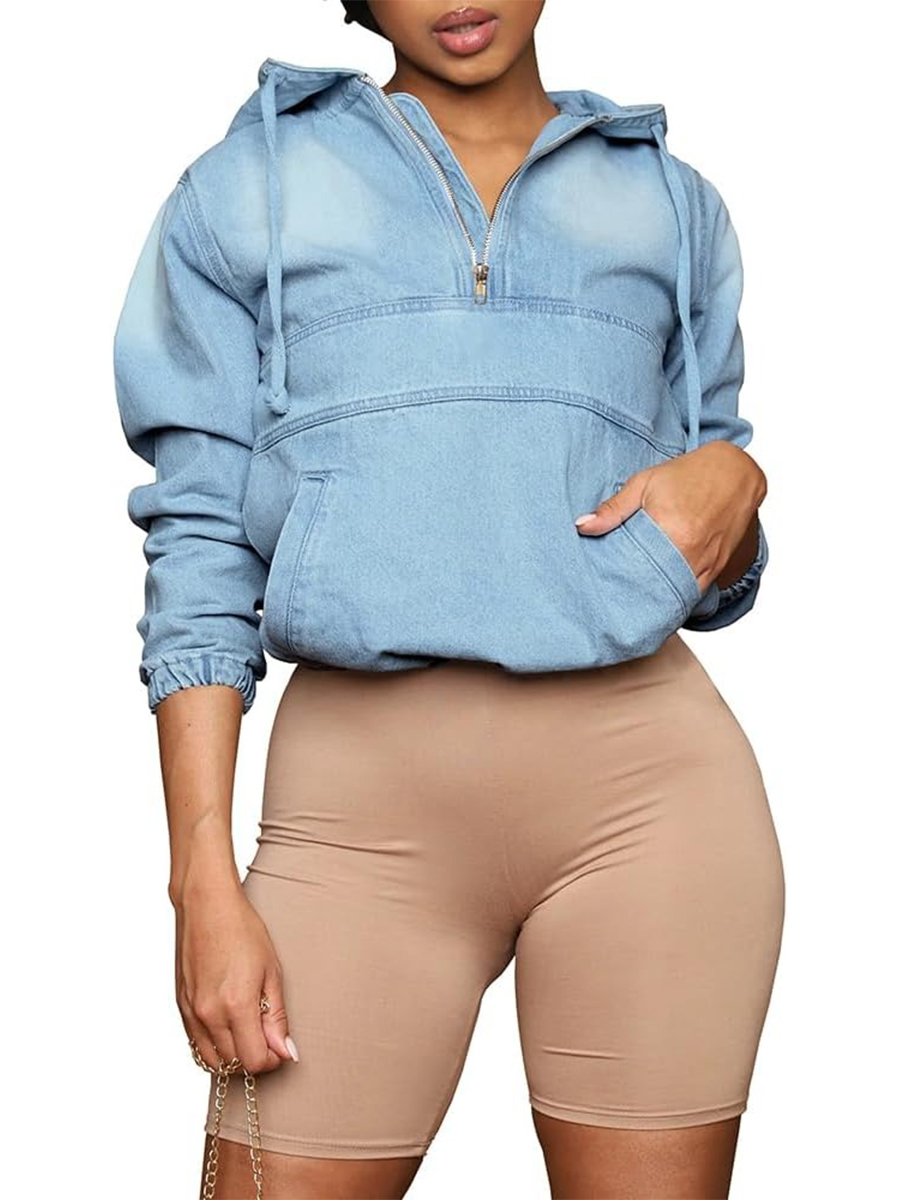 Women's Half Zip Denim Hoodie Pullover Jean Tops