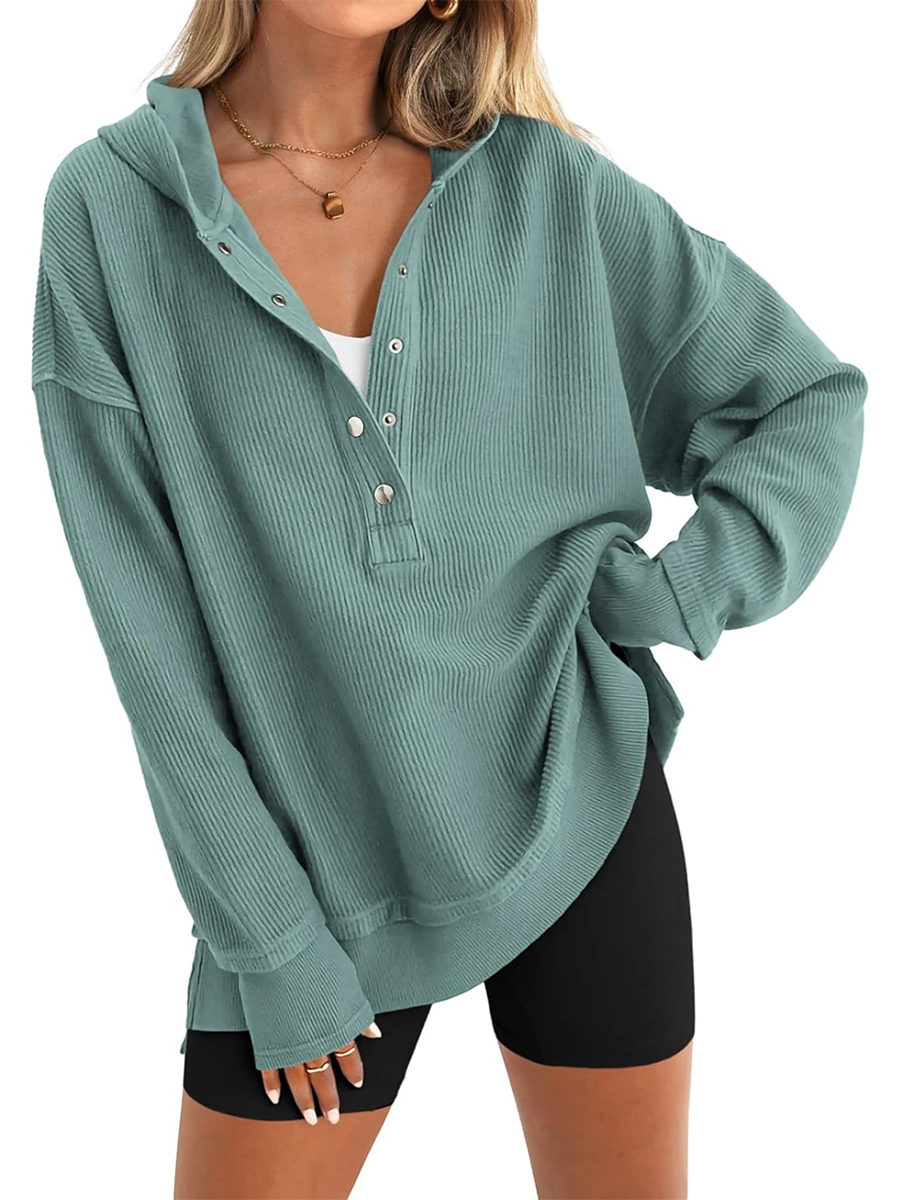 Women's Oversized Button Down V Neck Sweatshirt Side Slit Hoodie