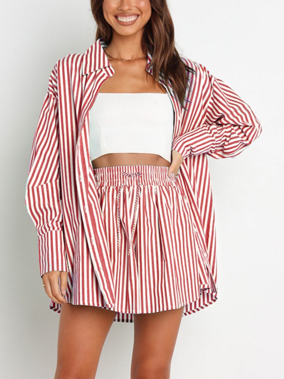 HOT SALE Striped Dropped Shoulder Shirt and Shorts Set