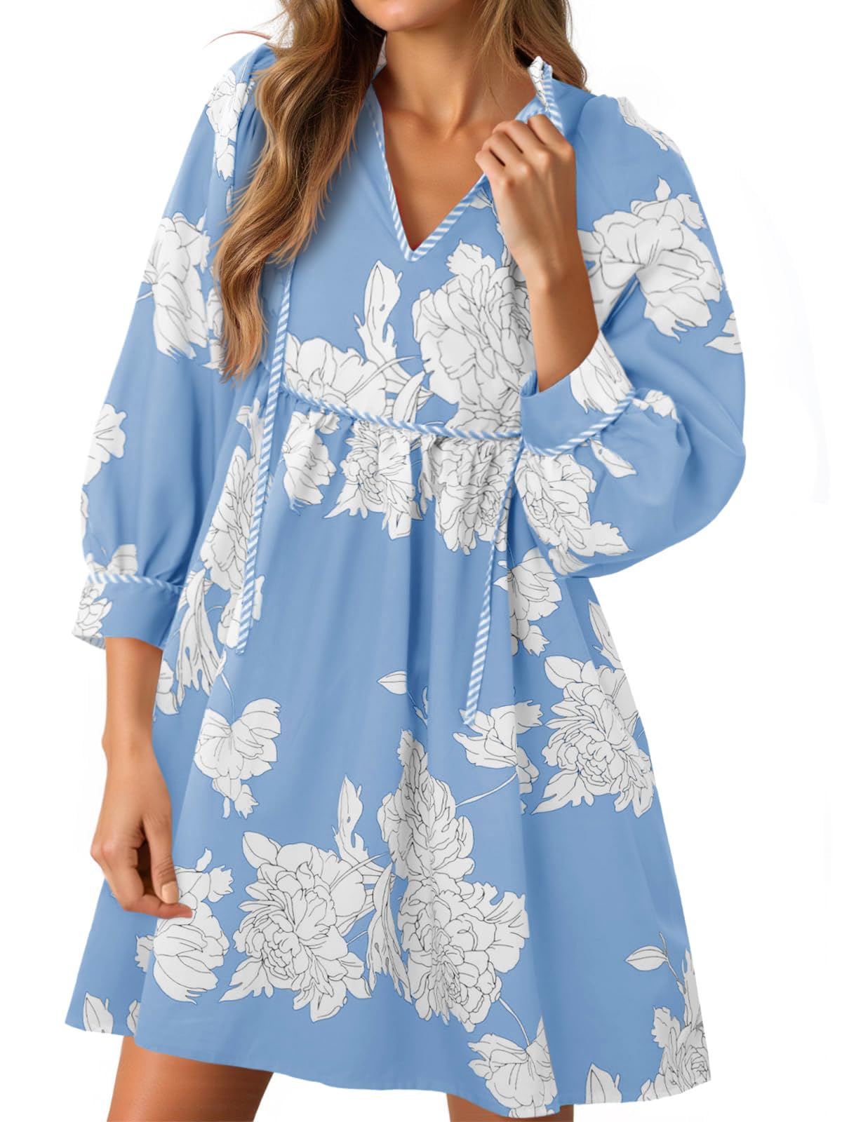 Women's Floral 3/4 Balloon Sleeve V Neck Flowy Babydoll Dress