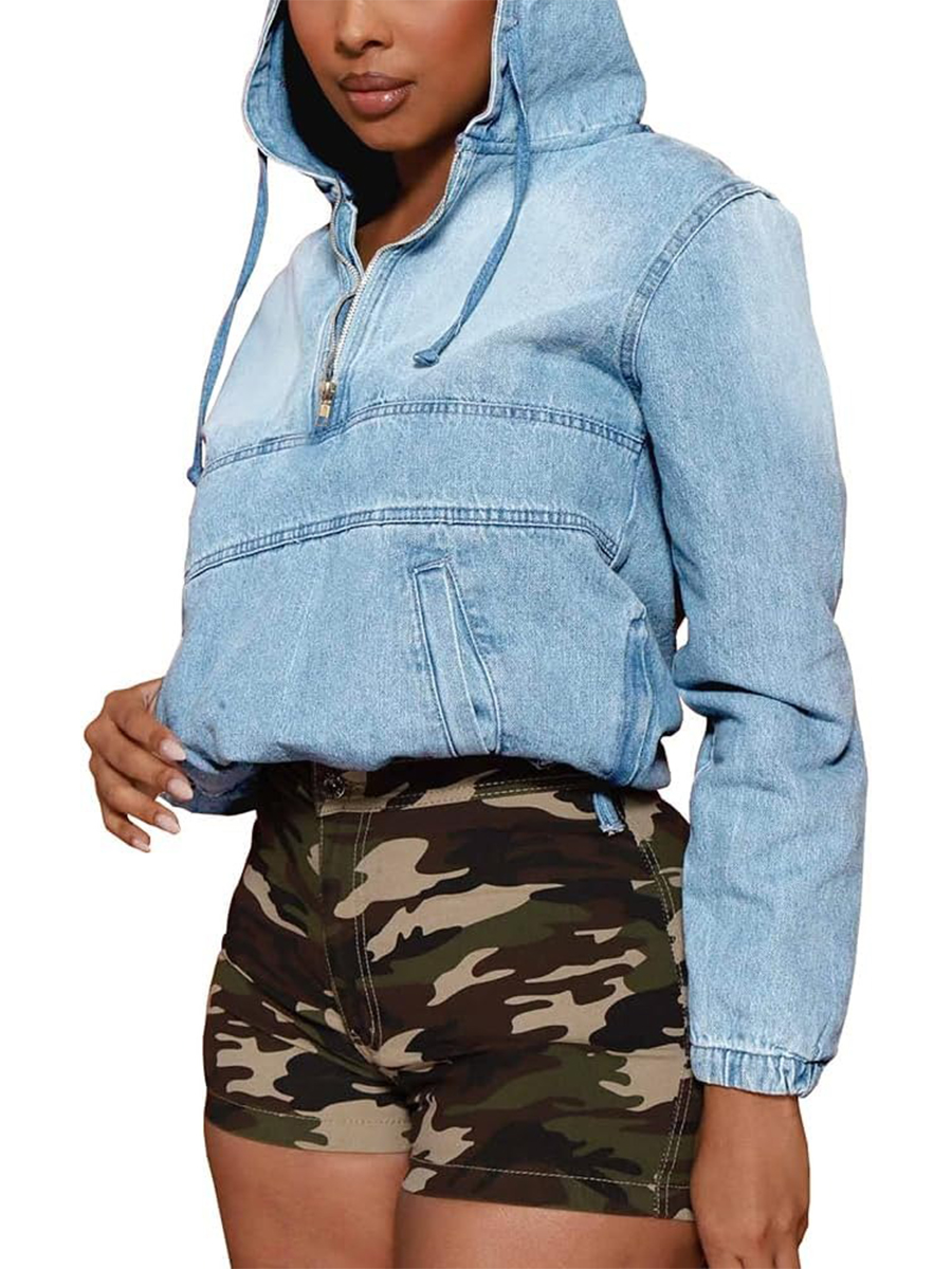 Women's Half Zip Denim Hoodie Pullover Jean Tops