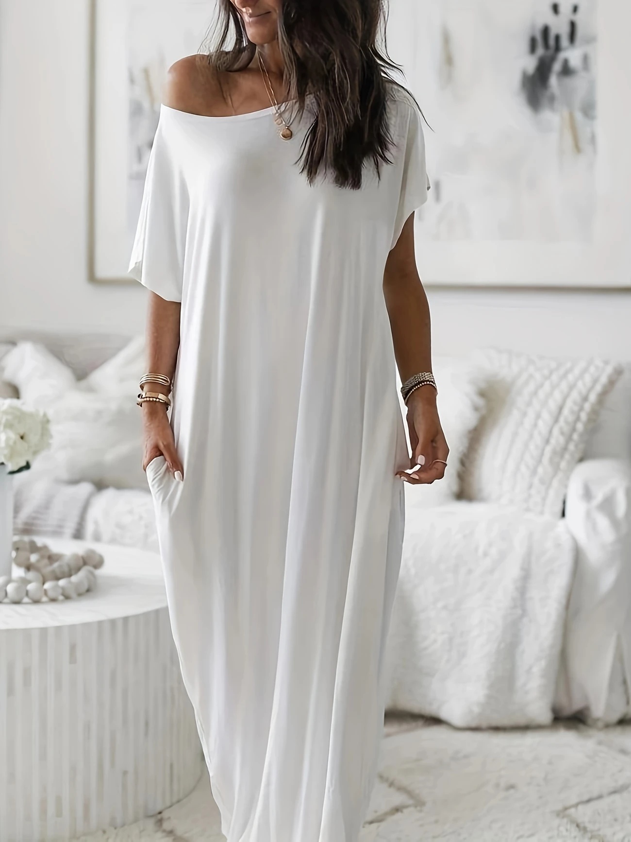 Women's Oversized Solid Slant Shoulder Pocket Dress