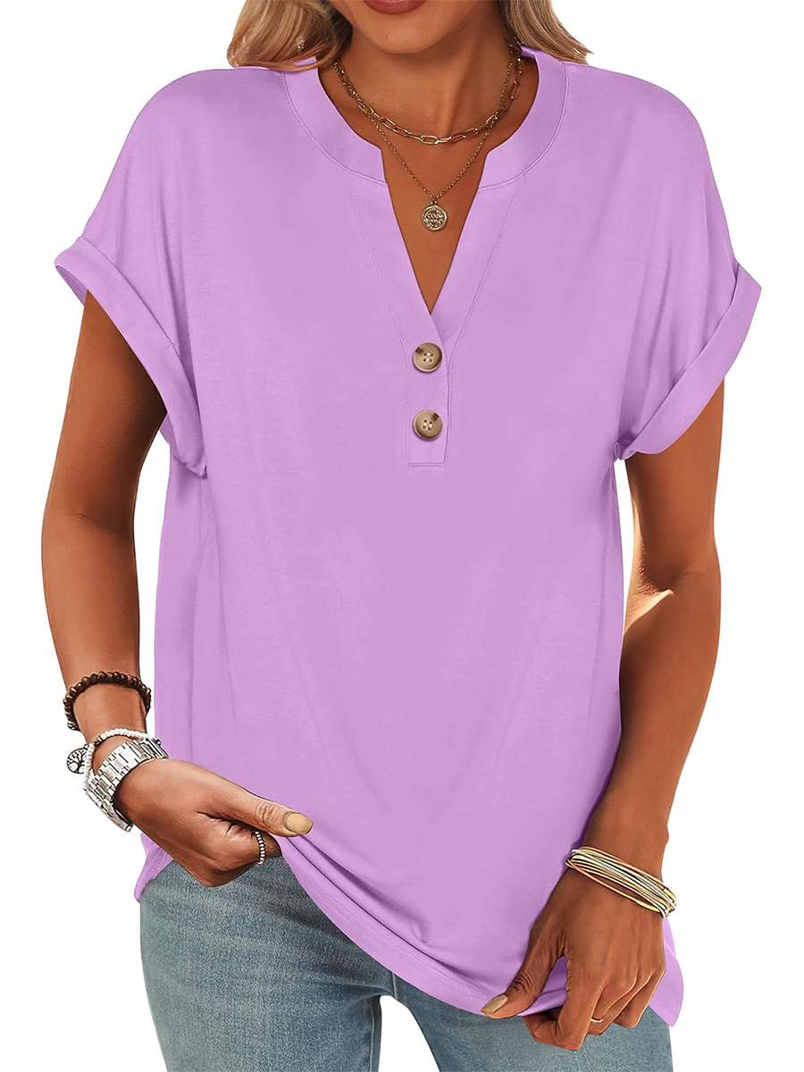 Women's V Neck Button Casual Loose Fit Short Sleeve Shirts Henley Tops