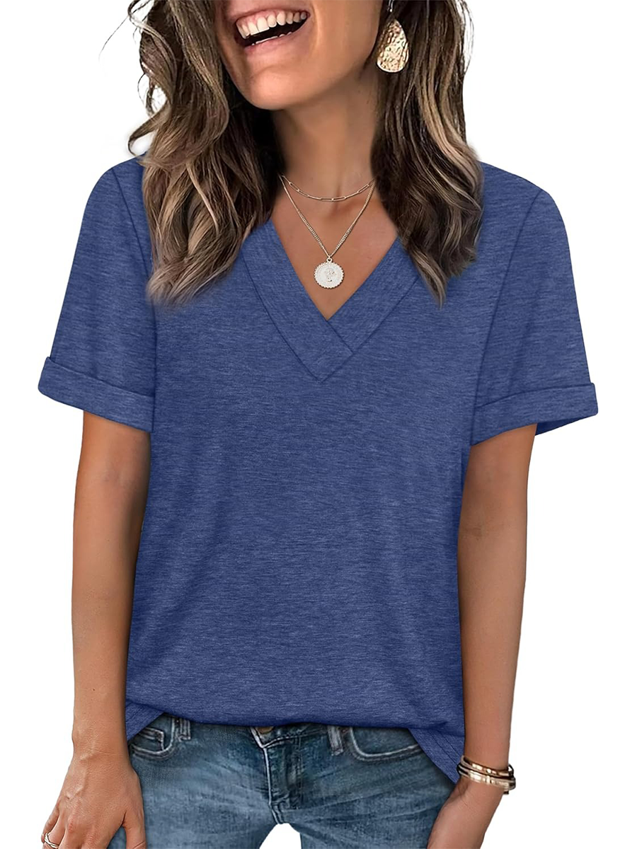 Women's Summer V Neck Short Sleeve Basic Casual T-shirt