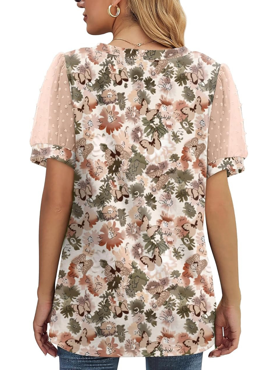 Women's Printed V Neck Swiss Dot Puff Sleeve Loose Casual T-Shirt