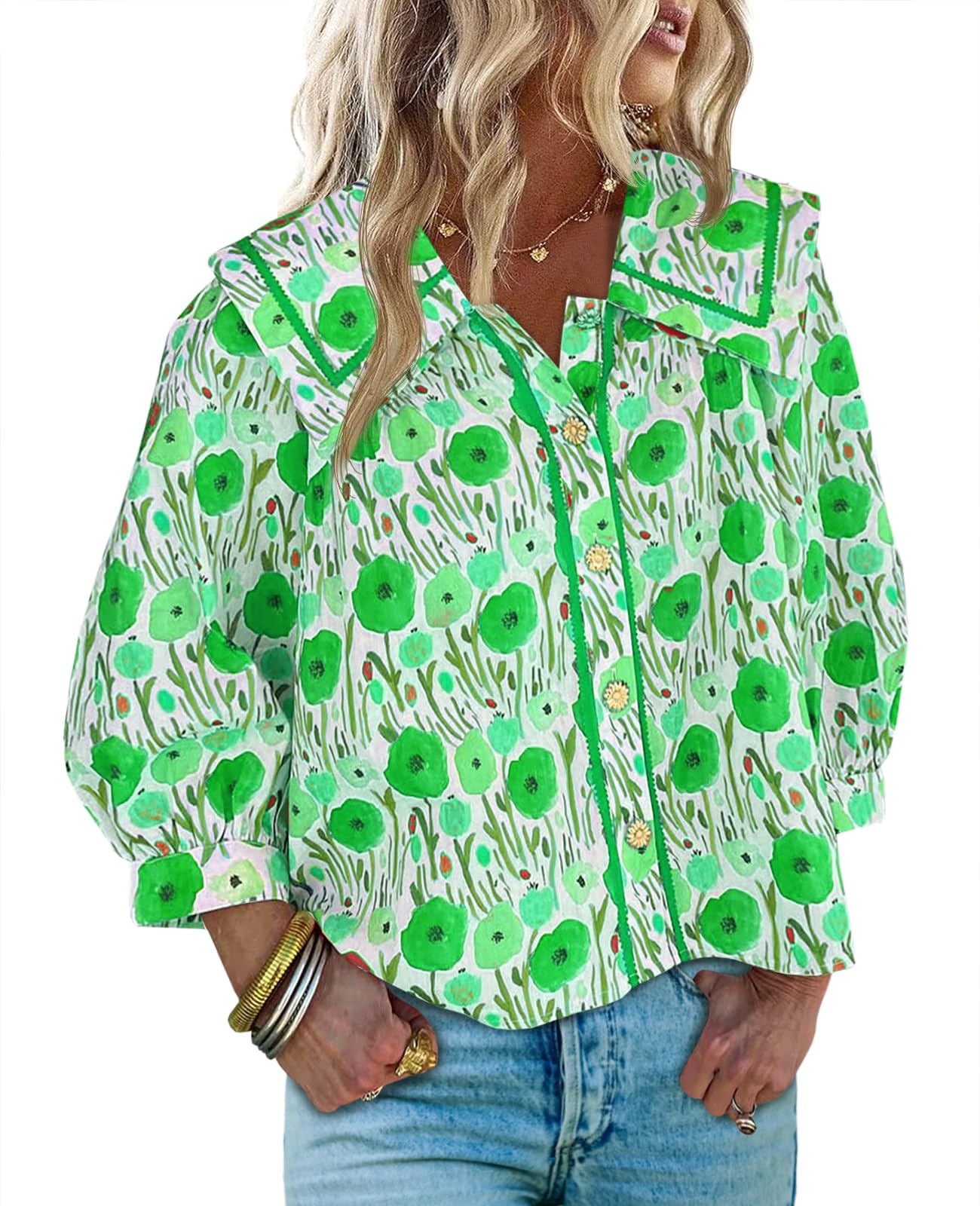 Women's Floral Collared 3/4 Lantern Sleeve Button Down Shirt