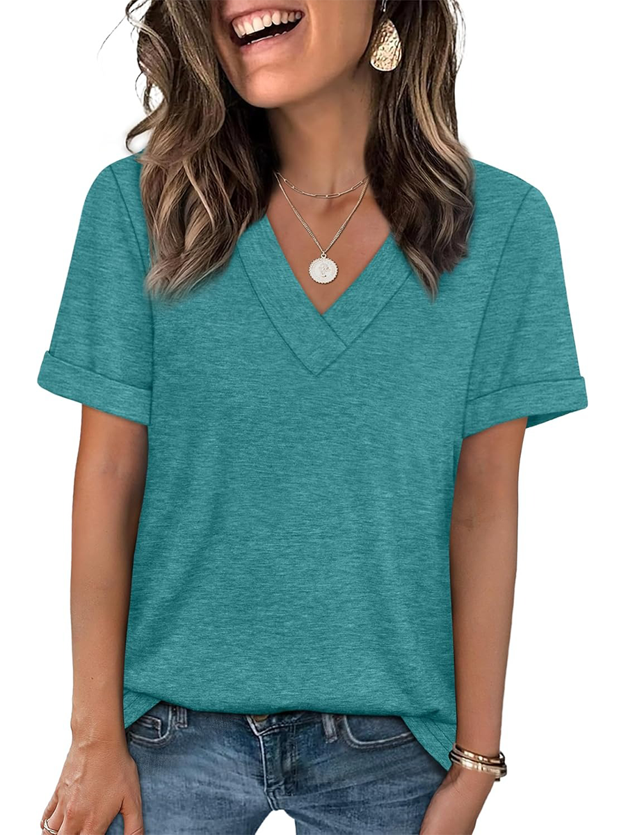 Women's Summer V Neck Short Sleeve Basic Casual T-shirt