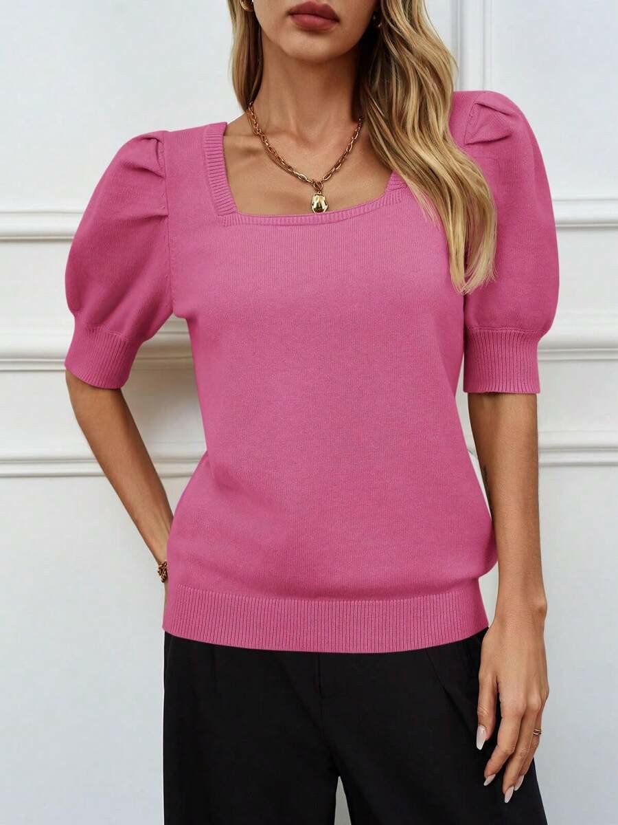 HOT SALE Women's Square Neck Puff Short Sleeve Sweater Tops
