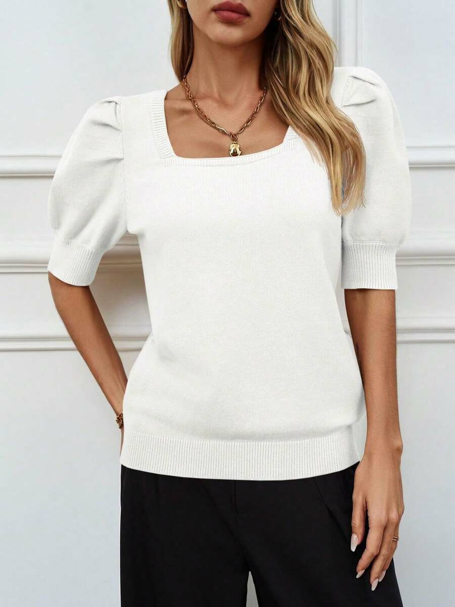 HOT SALE Women's Square Neck Puff Short Sleeve Sweater Tops