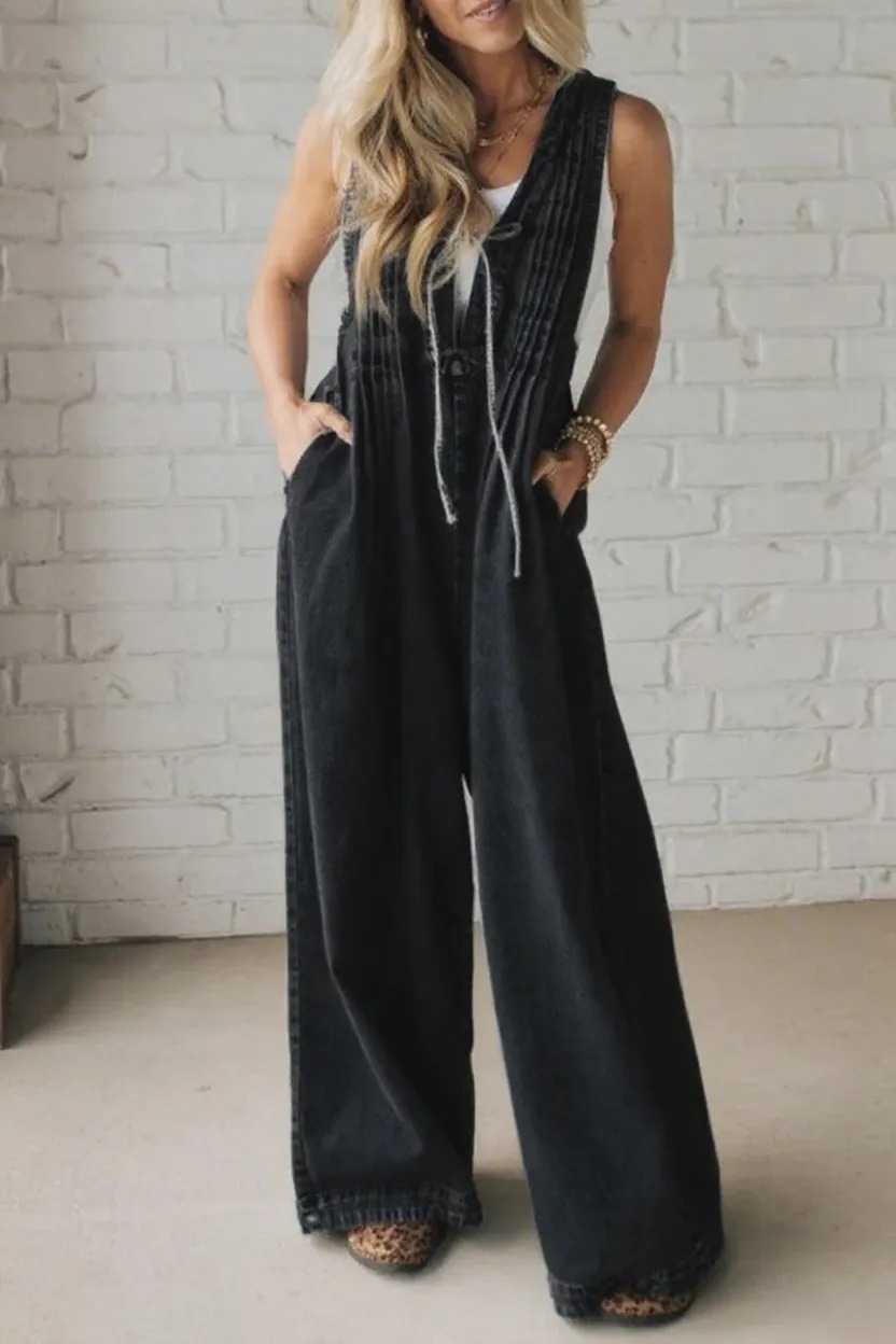HOT SALE Women's Acid Wash Pintuck Jumpsuit