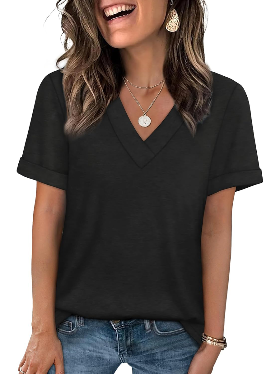 Women's Summer V Neck Short Sleeve Basic Casual T-shirt