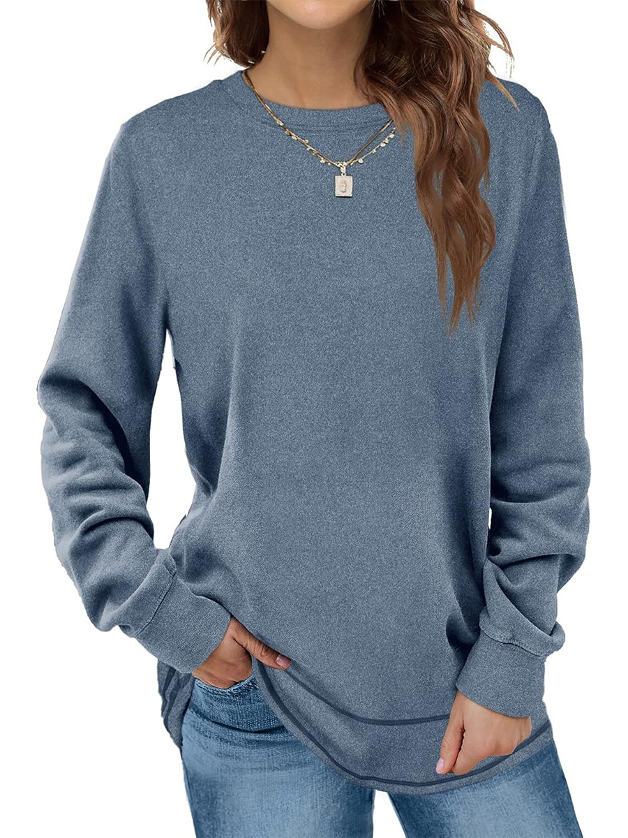HOT SALE Women's Crewneck Long Sleeve Sweatshirt Curved Hem Tunic Tops
