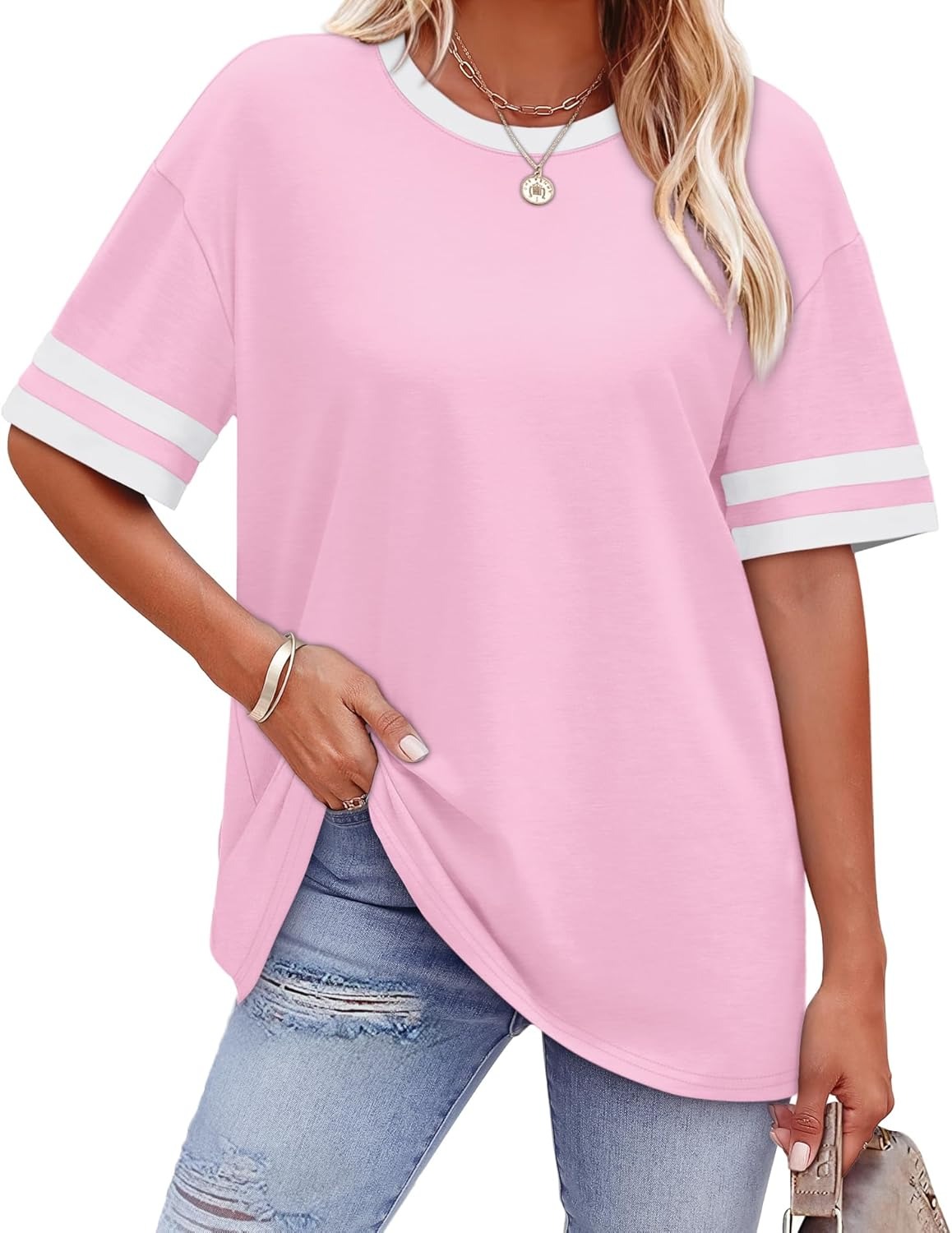 Women's Oversized Crew Neck Colorblock Striped Sleeve T-shirt