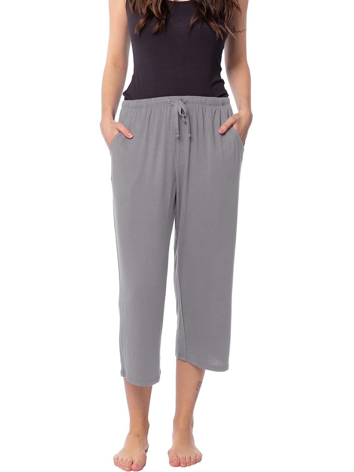 Women's Relaxed Flowy Drawsting Cropped Yoga Lounge Pants with Pocket