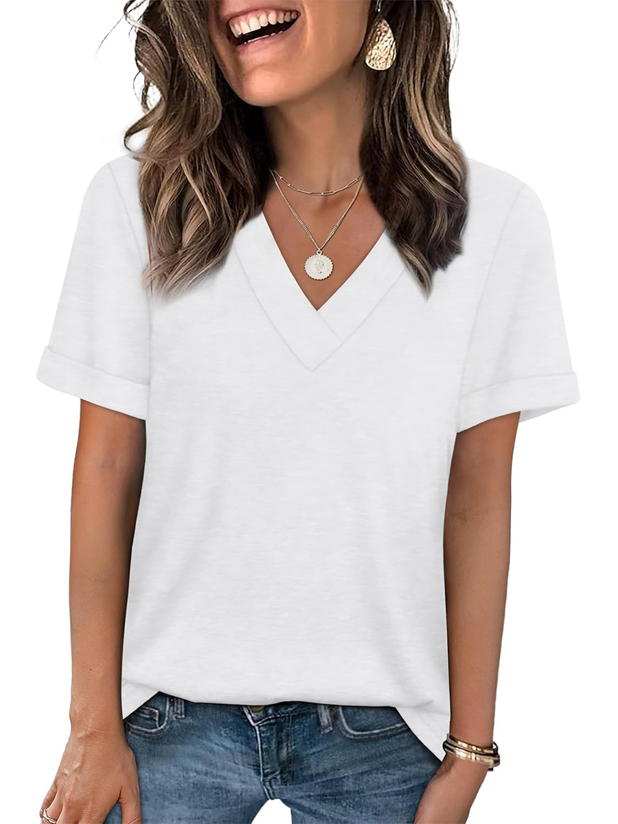 Women's Summer V Neck Short Sleeve Basic Casual T-shirt