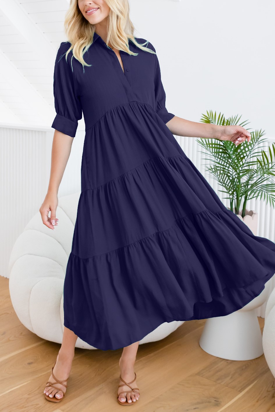 HOT SALE Mid-sleeved Shirt Tiered Maxi Dress