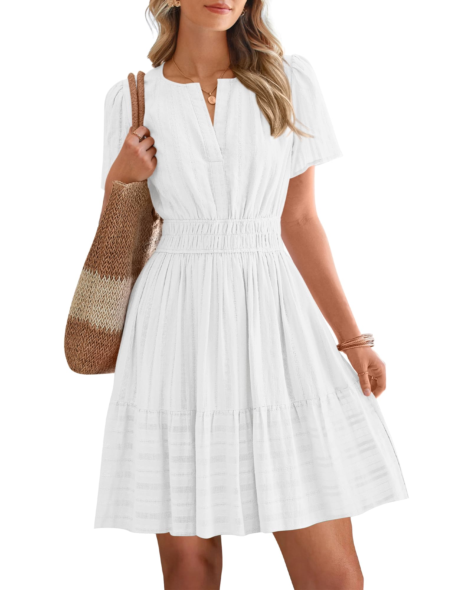 Women's Lightweight Short Sleeve V Neck Elastic Waist Mini Dress
