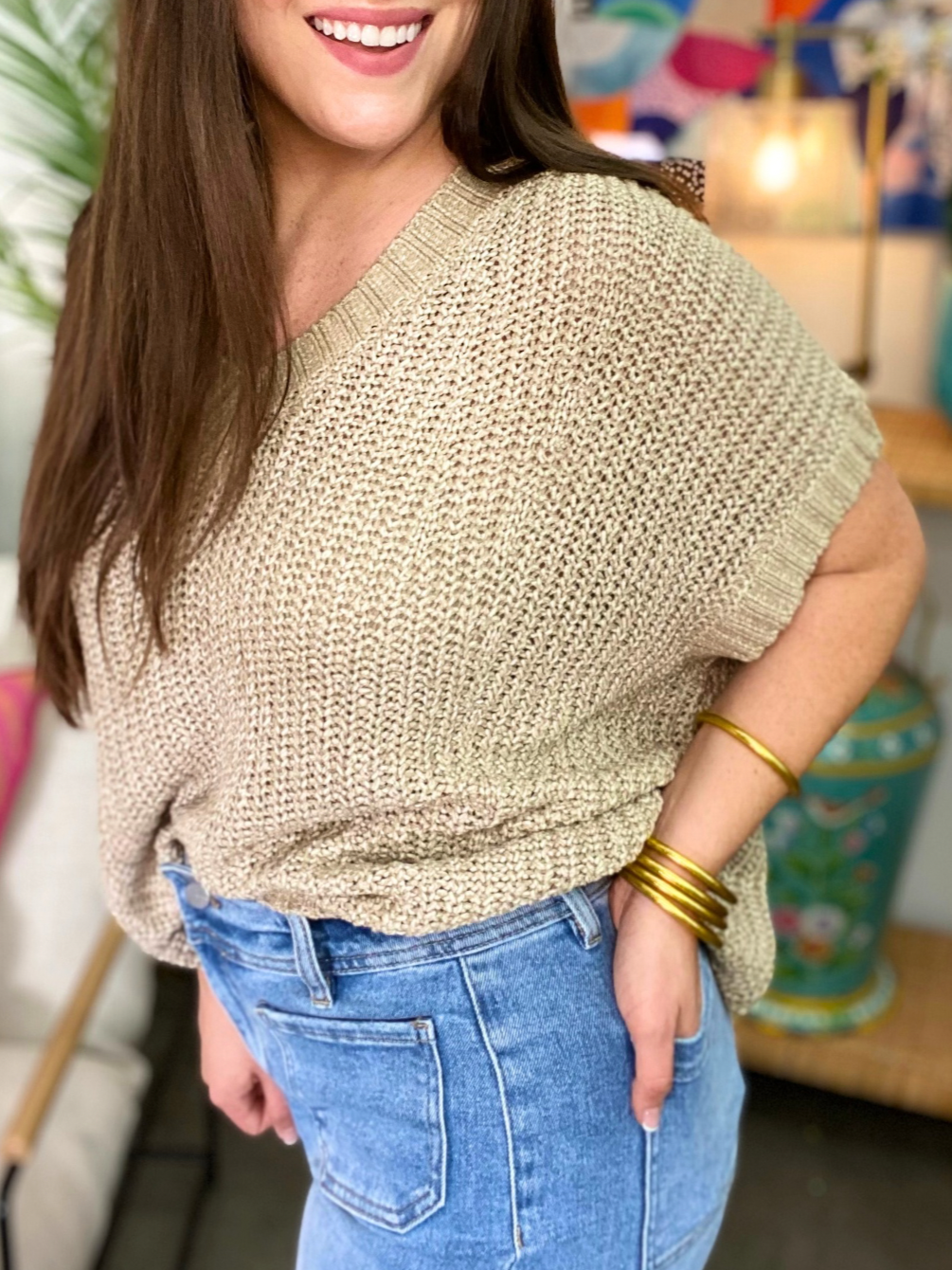 2024 Oversized Knitted V-neck Short Sleeve Top