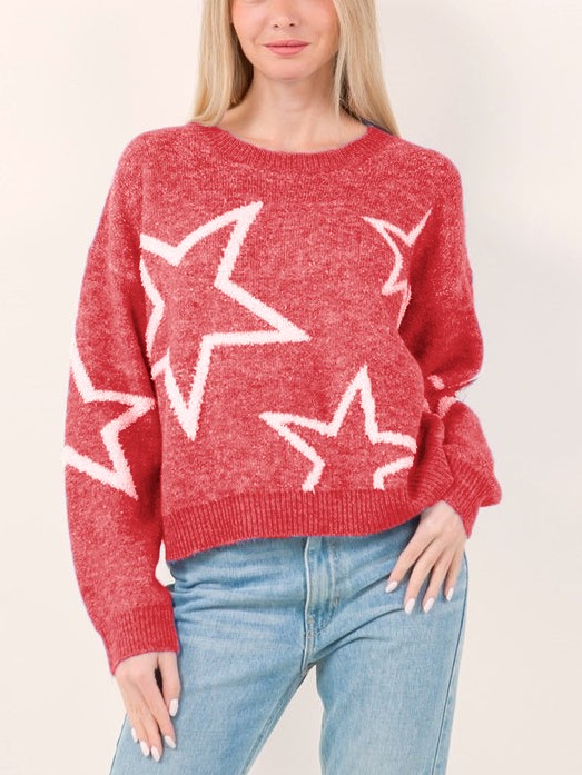 Star Pattern Contrast Long Sleeve Pullover Sweater