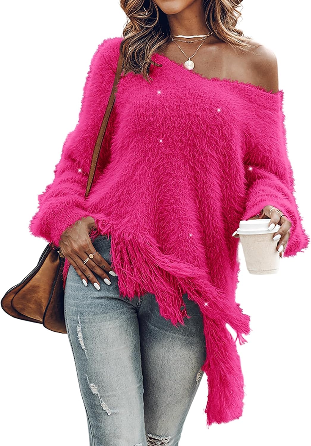 Women's Fluffy Cozy Oversized V-Neck Fringe Sweater
