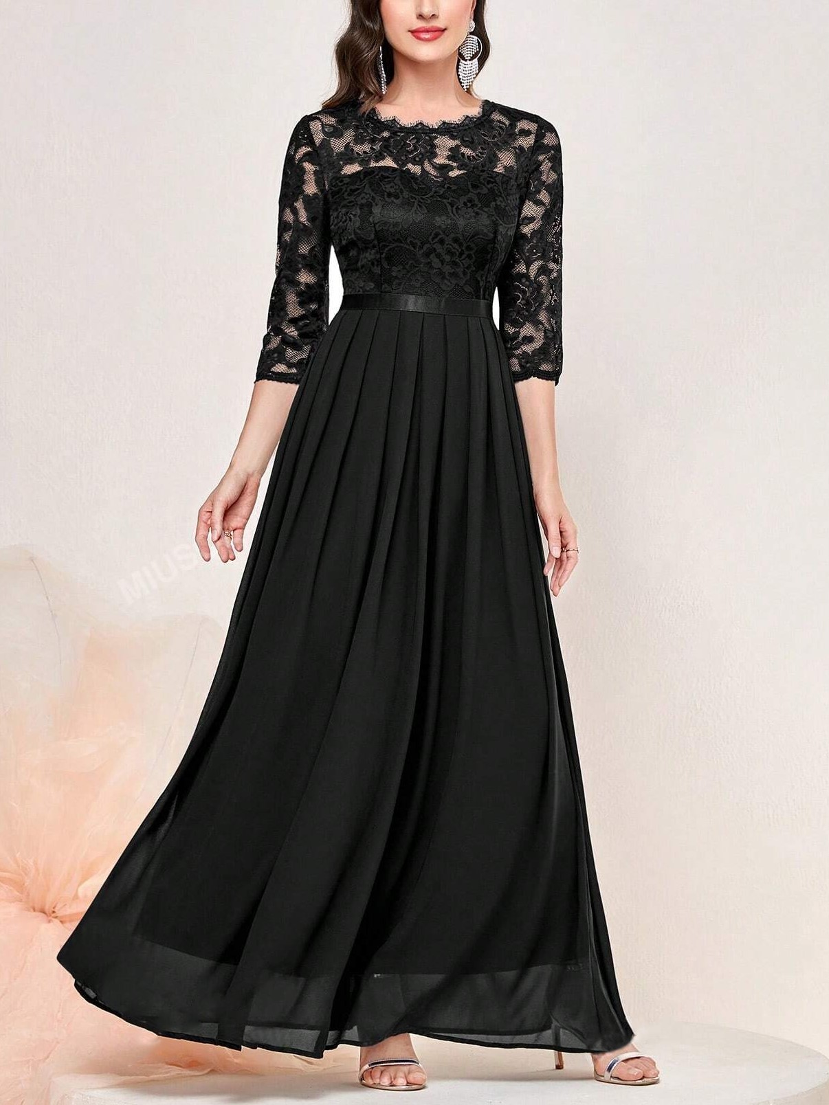 Floral Lace 3/4 Sleeve Bodice Ribbon Pleated Party Maxi Dress
