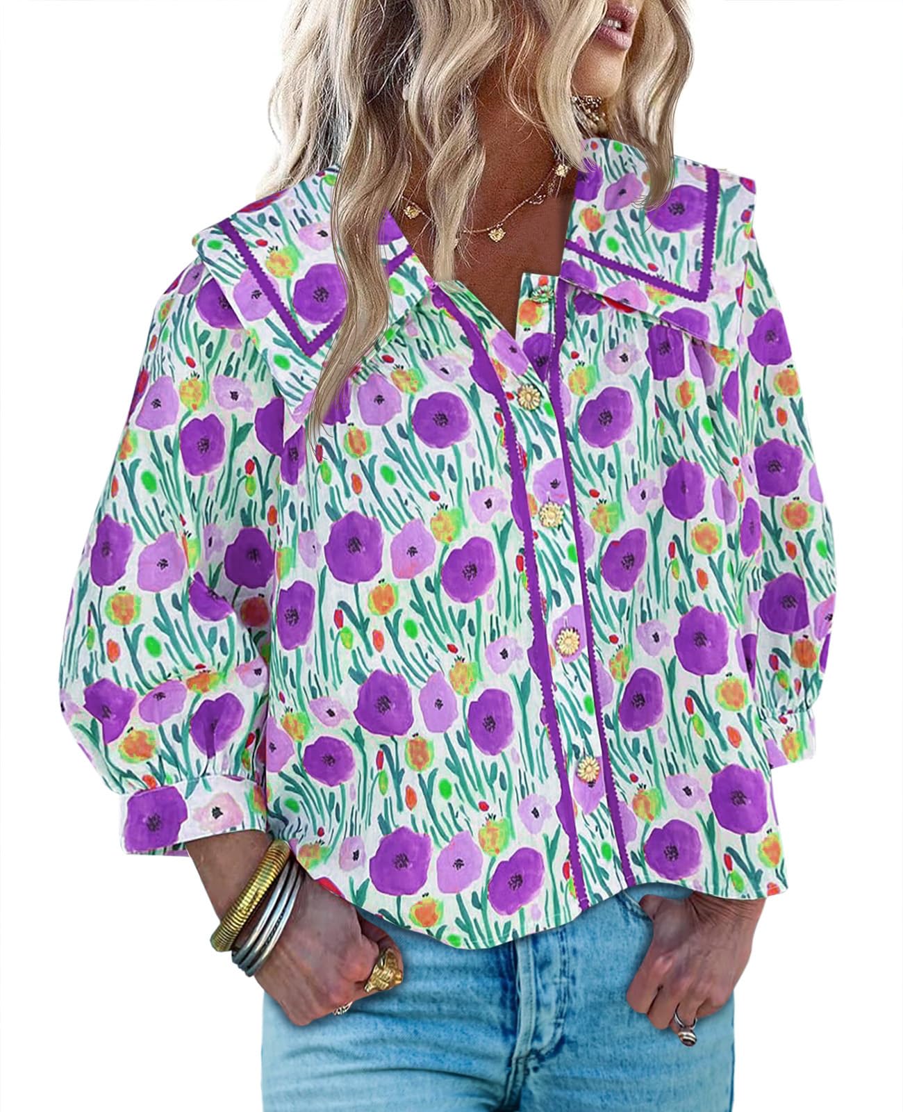 Women's Floral Collared 3/4 Lantern Sleeve Button Down Shirt