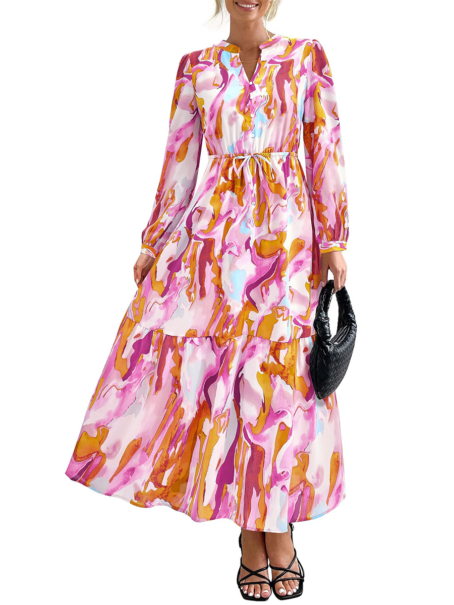 Women's Boho Floral Long Sleeve V Neck Button Pockets Flowy Dress