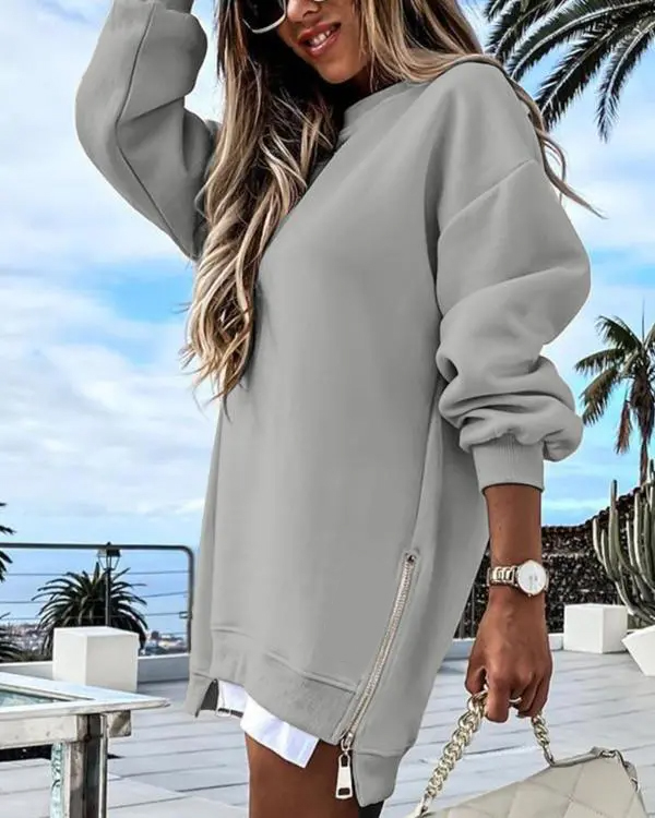 Womens Long Sleeve Pullover Sweatshirt Zipper Slit Casual Dress