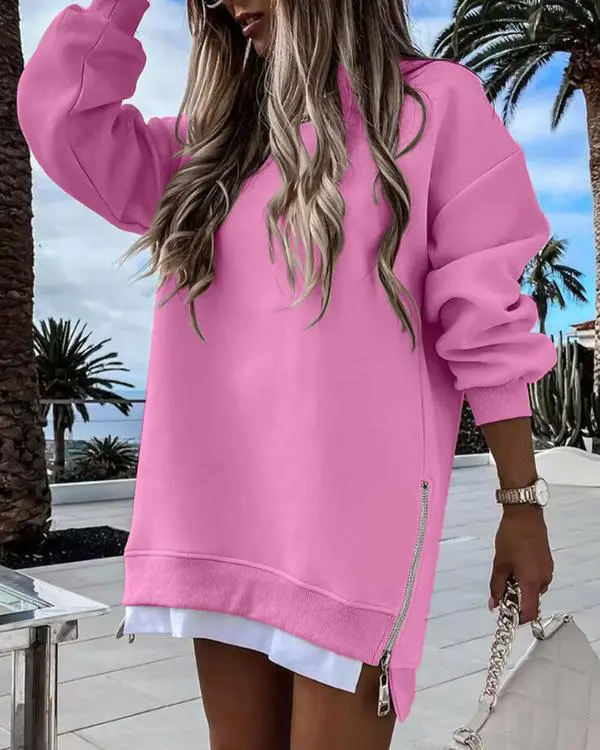 Womens Long Sleeve Pullover Sweatshirt Zipper Slit Casual Dress