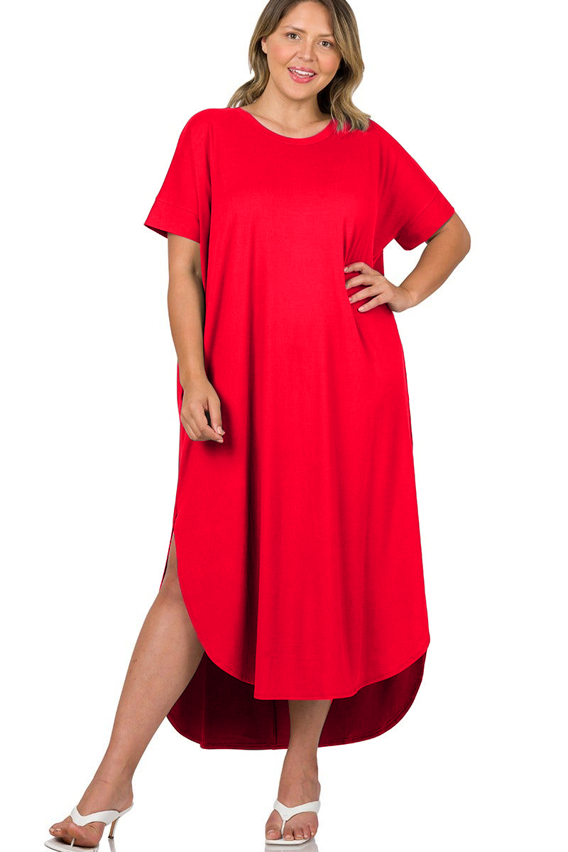 HOT SALE Round Neck Short Sleeve Side Slits Maxi Dress (Buy 2 Free Shipping)