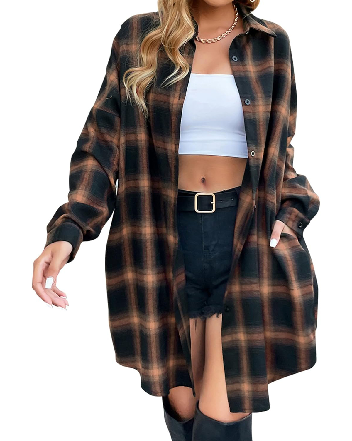 2024 Womens Long Shirts Plaid Knee Length Cardigan Lightweight Loose Button Cardigans