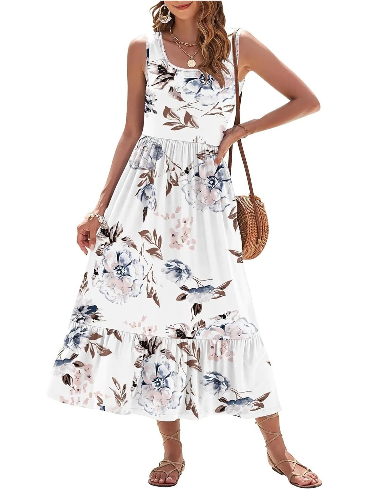 HOT SALE Women's Printed Casual Sleeveless Square Neck Printed Multi-Layer Pocket Dress