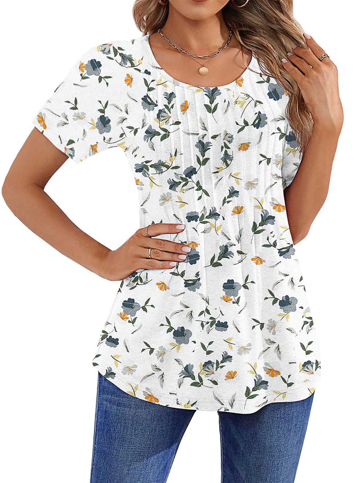 Women Summer Pleated Short Sleeve Tunic Blouses Shirts