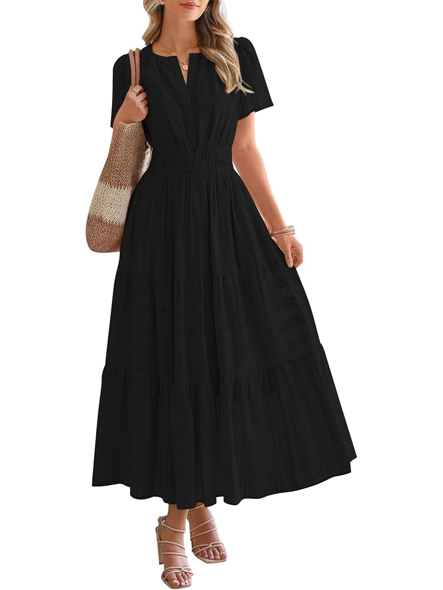 HOT SALE Womens Summer Lightweight Short Sleeve V Casual Midi Maxi Dresses
